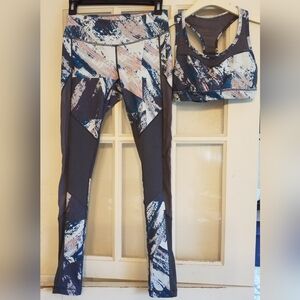 Zella Abstract Gray and Pink Low Rise Leggings And Sports Bra Set Sz XS